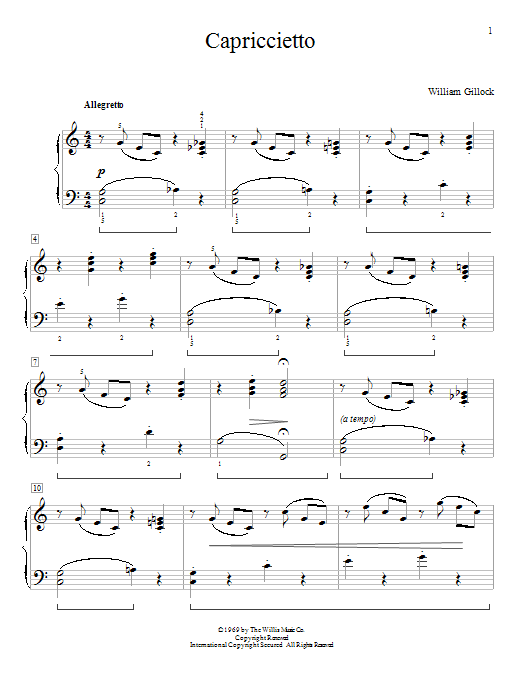 Learn to play William Gillock Capriccietto sheet music for Piano in minutes. William Gillock Capriccietto sheet music preview music notes and score for Piano including 2 page(s)