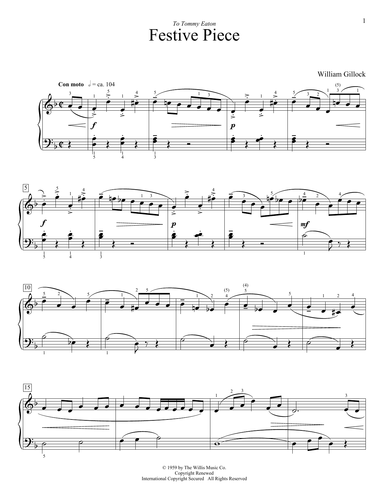 Learn to play William Gillock Festive Piece sheet music for Easy Piano in minutes. William Gillock Festive Piece sheet music preview music notes and score for Easy Piano including 2 page(s)