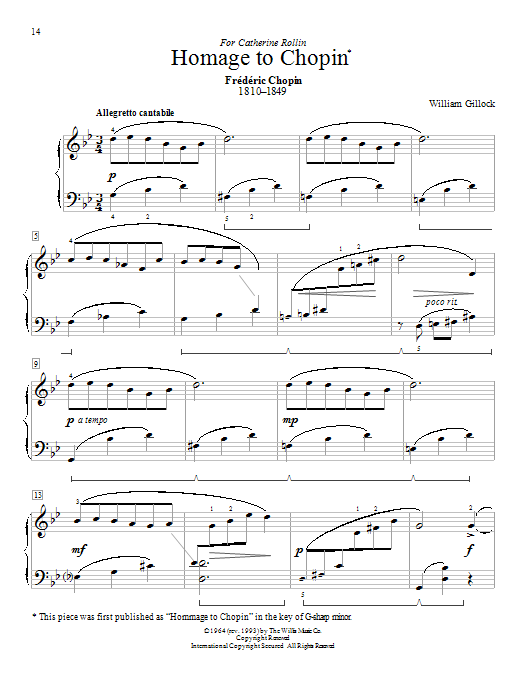 Learn to play William Gillock Homage To Chopin sheet music for Piano in minutes. William Gillock Homage To Chopin sheet music preview music notes and score for Piano including 2 page(s)
