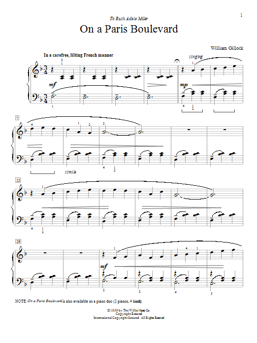 Learn to play William Gillock On A Paris Boulevard sheet music for Piano Duet in minutes. William Gillock On A Paris Boulevard sheet music preview music notes and score for Piano Duet including 5 page(s)