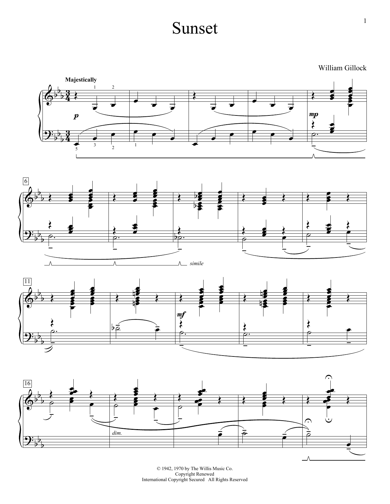 Learn to play William Gillock Sunset sheet music for Easy Piano in minutes. William Gillock Sunset sheet music preview music notes and score for Easy Piano including 2 page(s)