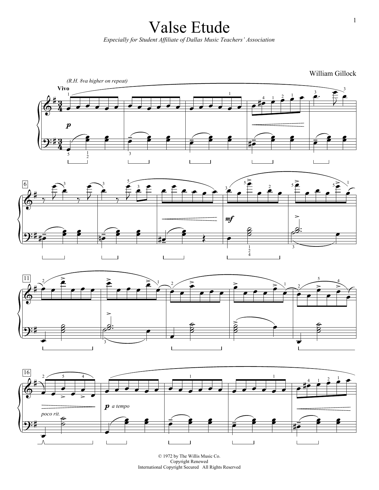 Learn to play William Gillock Valse Etude sheet music for Easy Piano in minutes. William Gillock Valse Etude sheet music preview music notes and score for Easy Piano including 6 page(s)