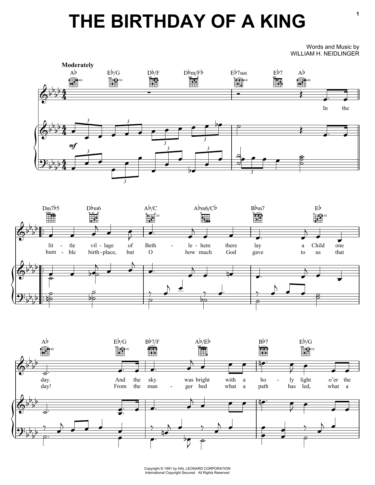 Learn to play William H. Neidlinger The Birthday of a King (Neidlinger) sheet music for Piano, Vocal & Guitar (Right-Hand Melody) in minutes. William H. Neidlinger The Birthday of a King (Neidlinger) sheet music preview music notes and score for Piano, Vocal & Guitar (Right-Hand Melody) including 2 page(s)