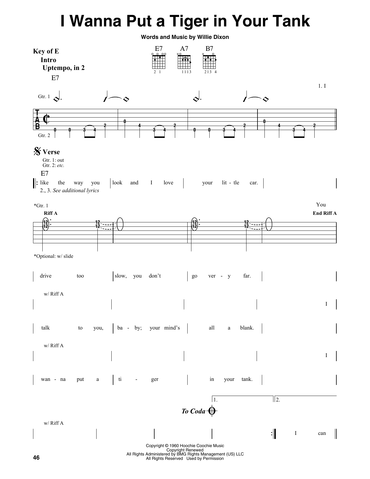 Learn to play Willie Dixon I Wanna Put A Tiger In Your Tank sheet music for Guitar Lead Sheet in minutes. Willie Dixon I Wanna Put A Tiger In Your Tank sheet music preview music notes and score for Guitar Lead Sheet including 2 page(s)