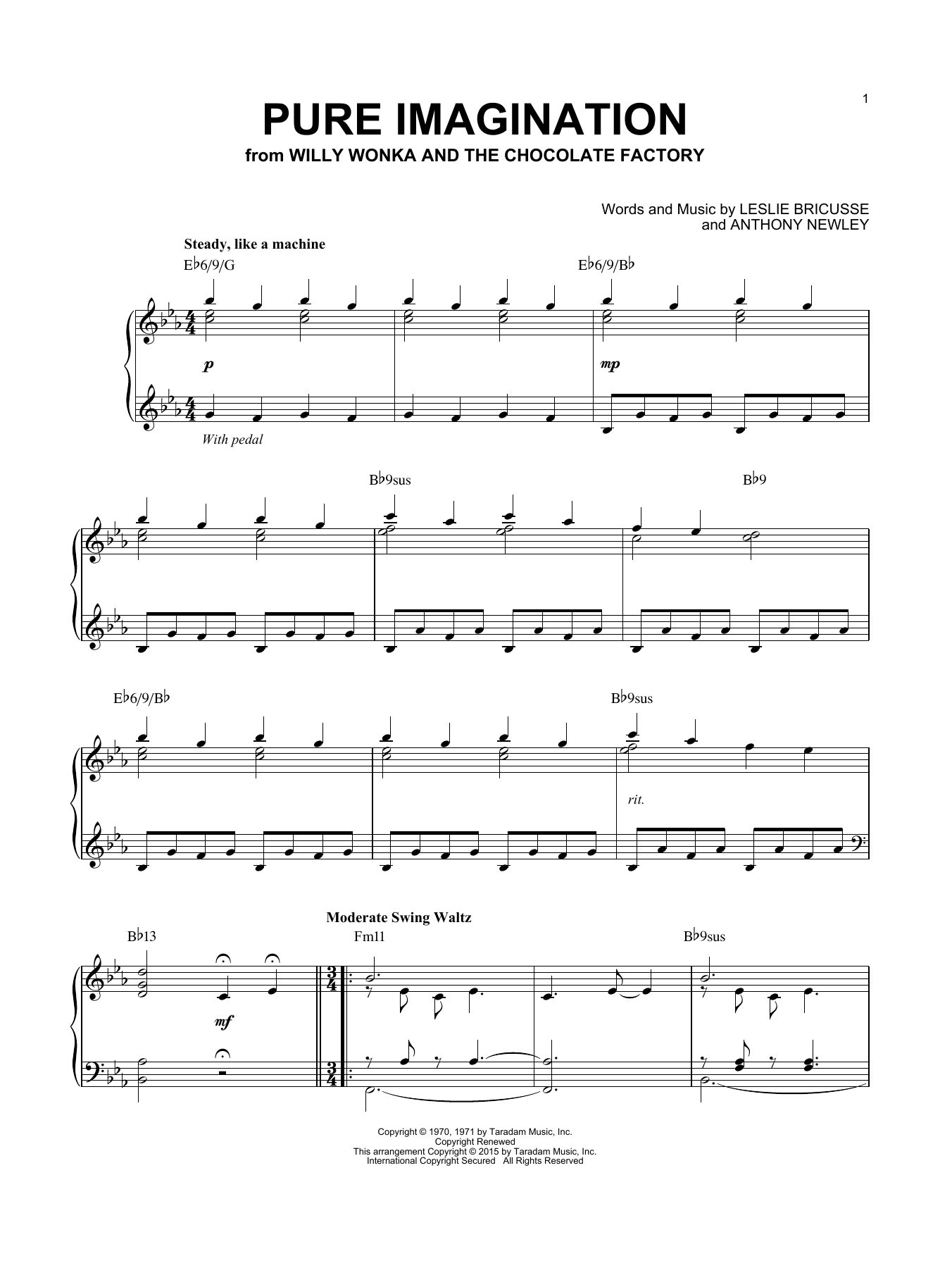 Willy Wonka & the Chocolate Factory Pure Imagination sheet music, chords, lyrics - Printable PDF for Piano
