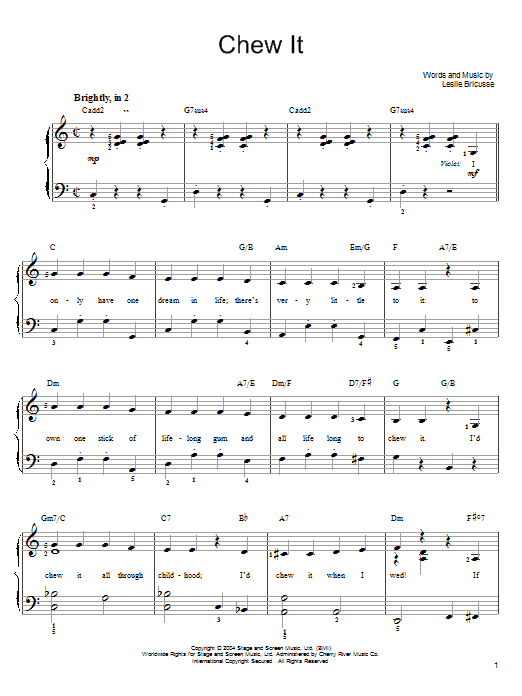 Learn to play Willy Wonka Chew It sheet music for Easy Piano in minutes. Willy Wonka Chew It sheet music preview music notes and score for Easy Piano including 6 page(s)