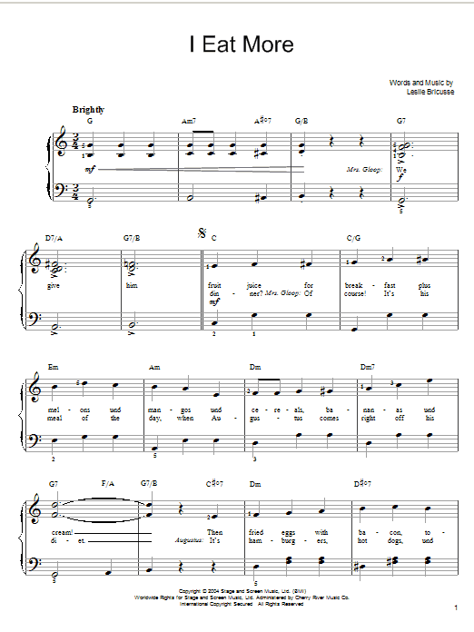 Learn to play Willy Wonka I Eat More sheet music for Easy Piano in minutes. Willy Wonka I Eat More sheet music preview music notes and score for Easy Piano including 5 page(s)