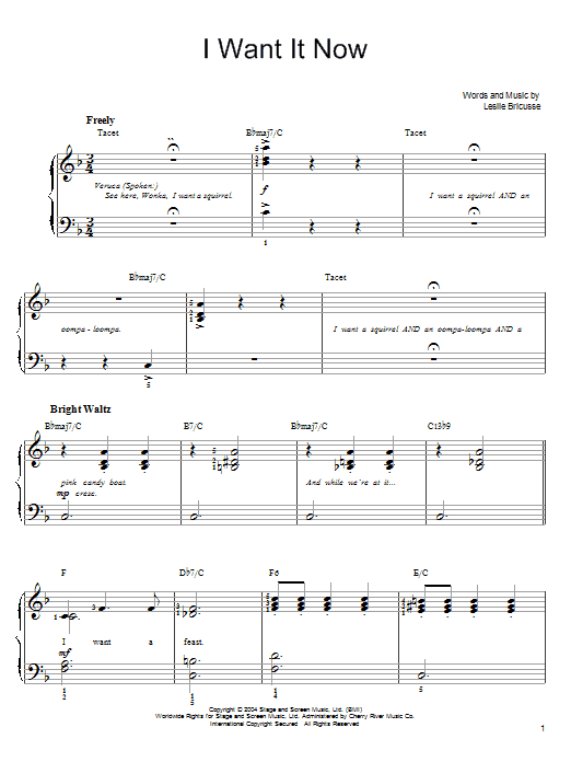 Learn to play Willy Wonka I Want It Now sheet music for Easy Piano in minutes. Willy Wonka I Want It Now sheet music preview music notes and score for Easy Piano including 5 page(s)