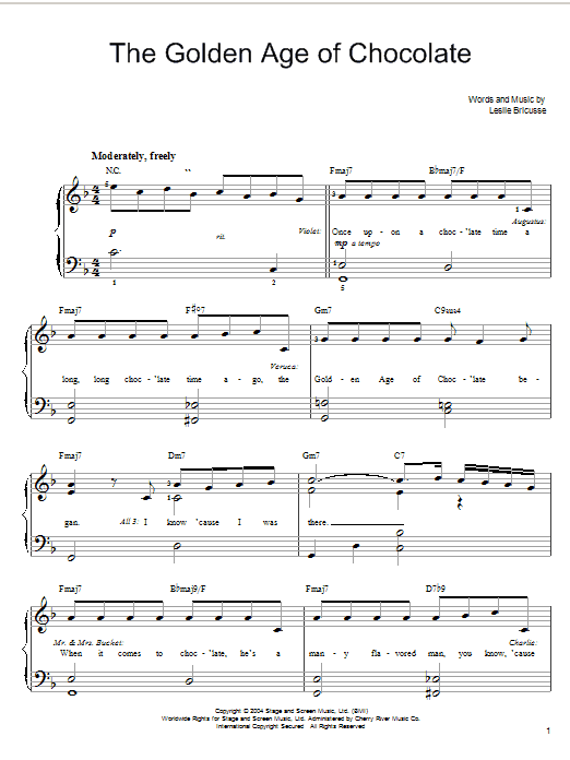 Learn to play Willy Wonka The Golden Age Of Chocolate sheet music for Easy Piano in minutes. Willy Wonka The Golden Age Of Chocolate sheet music preview music notes and score for Easy Piano including 6 page(s)