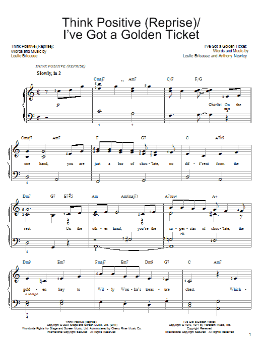 Learn to play Willy Wonka Think Positive (Reprise) sheet music for Easy Piano in minutes. Willy Wonka Think Positive (Reprise) sheet music preview music notes and score for Easy Piano including 7 page(s)