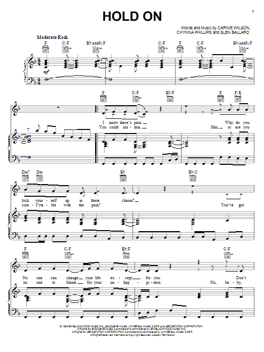 Wilson Phillips Hold On sheet music preview music notes and score for Piano, Vocal & Guitar (Right-Hand Melody) including 6 page(s)