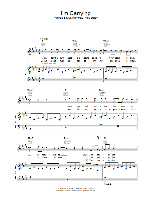 Learn to play Paul McCartney & Wings I'm Carrying sheet music for Piano, Vocal & Guitar in minutes. Paul McCartney & Wings I'm Carrying sheet music preview music notes and score for Piano, Vocal & Guitar including 2 page(s)