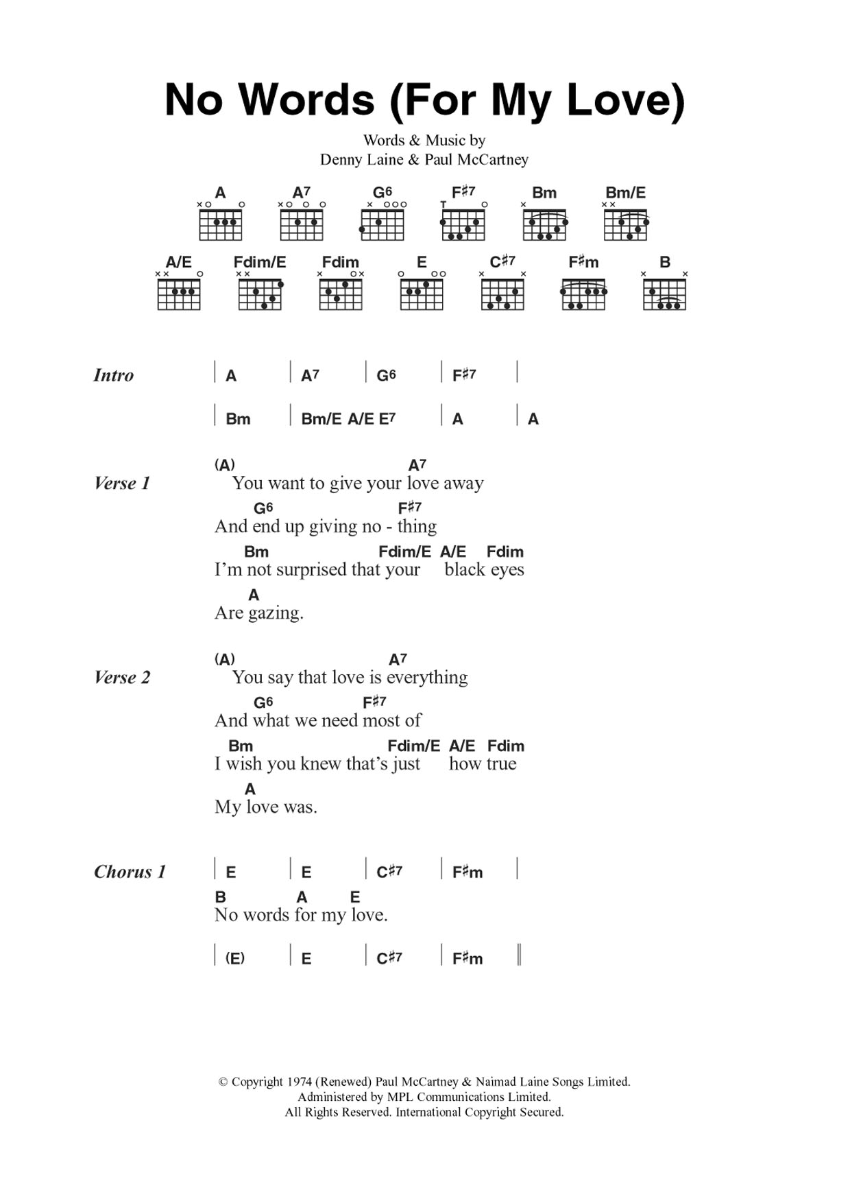 Wings No Words (For My Love) sheet music, chords, lyrics - Printable PDF for Guitar Chords/Lyrics
