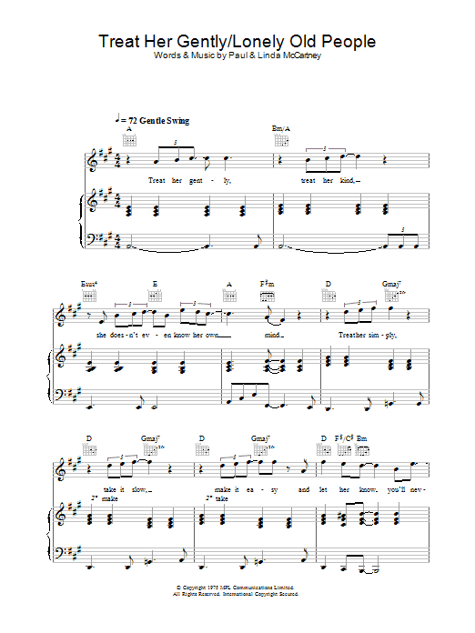 Learn to play Paul McCartney & Wings Treat Her Gently/Lonely Old People sheet music for Piano, Vocal & Guitar in minutes. Paul McCartney & Wings Treat Her Gently/Lonely Old People sheet music preview music notes and score for Piano, Vocal & Guitar including 3 page(s)