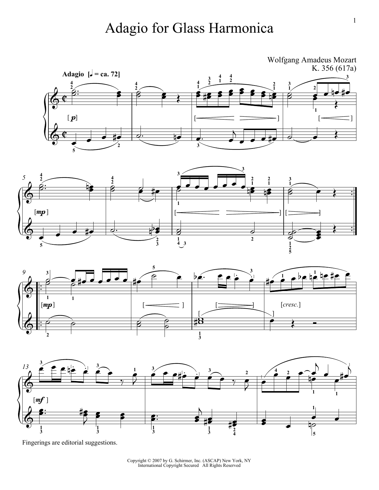 Wolfgang Amadeus Mozart Adagio For Glass Harmonica, K. 356 (617a) sheet music, chords, lyrics - Printable PDF for Piano Solo