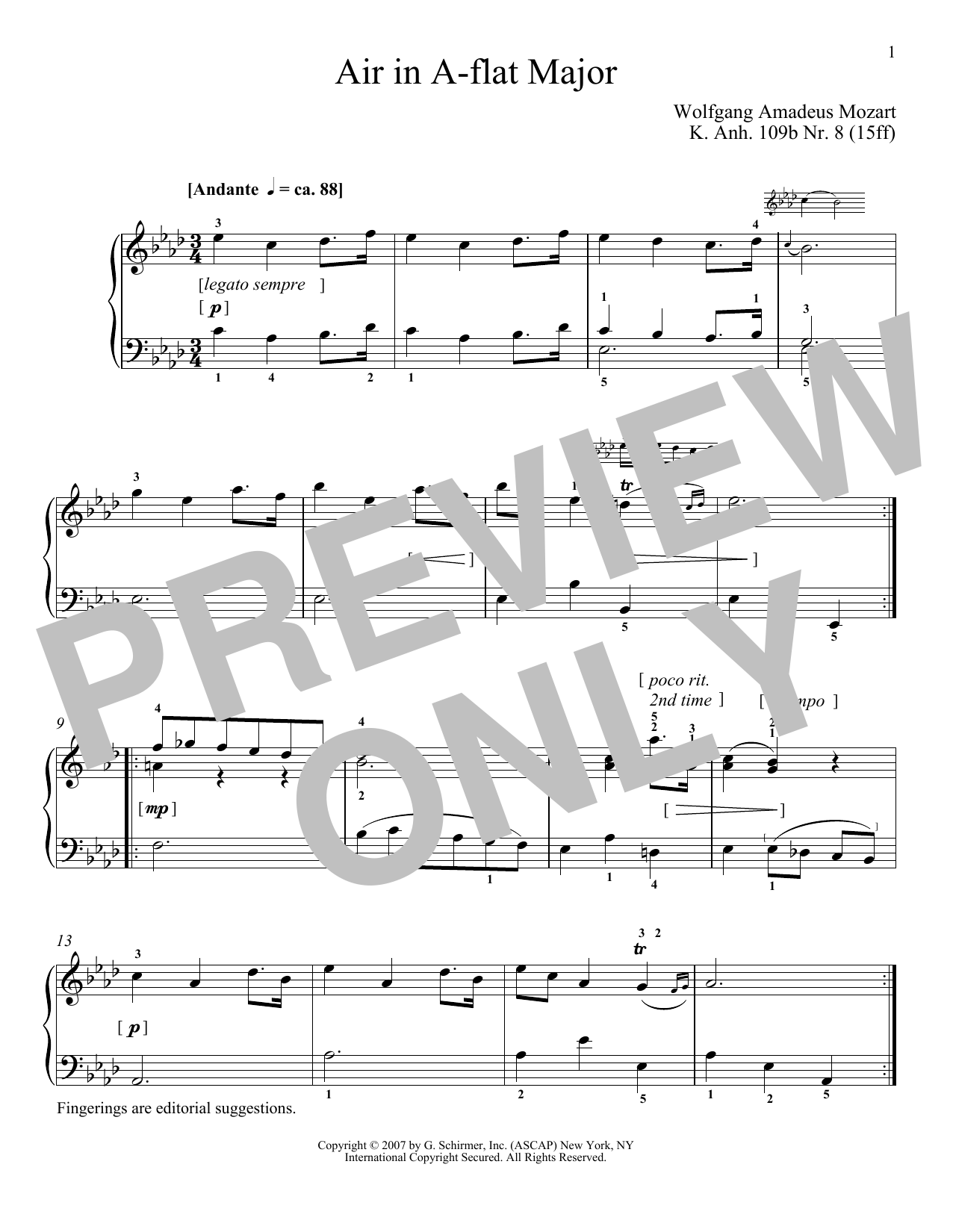 Wolfgang Amadeus Mozart Air In A-Flat Major, K109b, No. 8 sheet music, chords, lyrics - Printable PDF for Piano