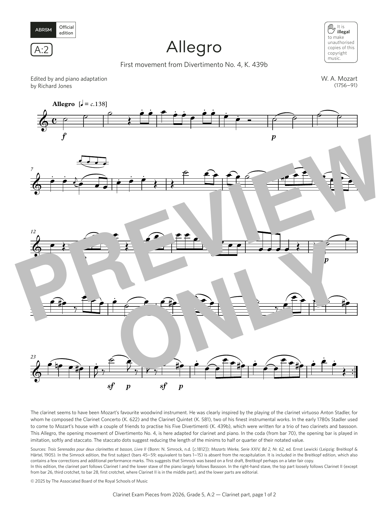 Wolfgang Amadeus Mozart Allegro (Grade 5, list A2, from the ABRSM Clarinet Syllabus from 2026) sheet music, chords, lyrics - Printable PDF for Clarinet Solo