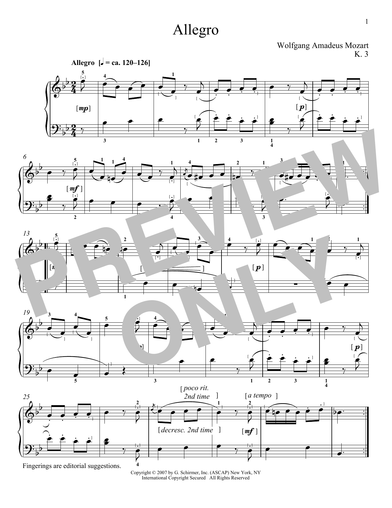 Wolfgang Amadeus Mozart Allegro In B Flat Major, K. 3 sheet music, chords, lyrics - Printable PDF for Piano
