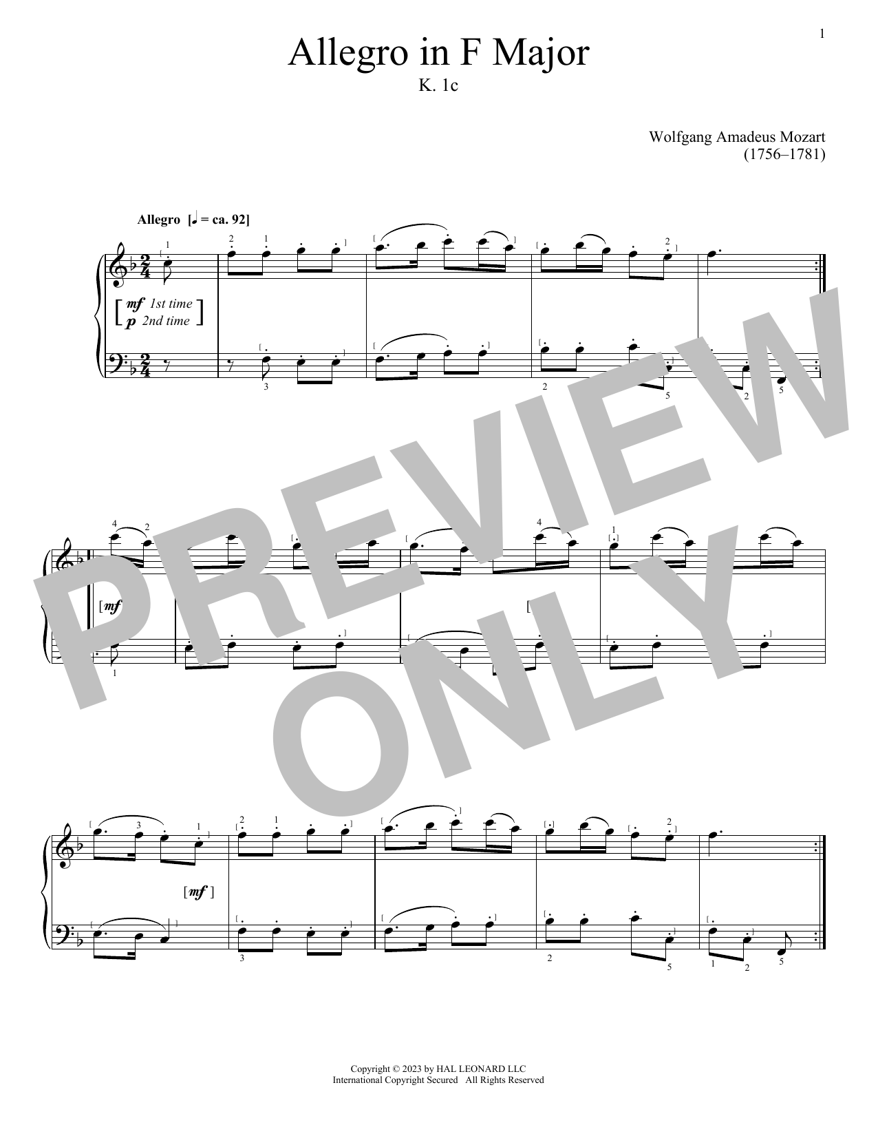Wolfgang Amadeus Mozart Allegro in F Major, K. 1c sheet music, chords, lyrics - Printable PDF for Piano Solo
