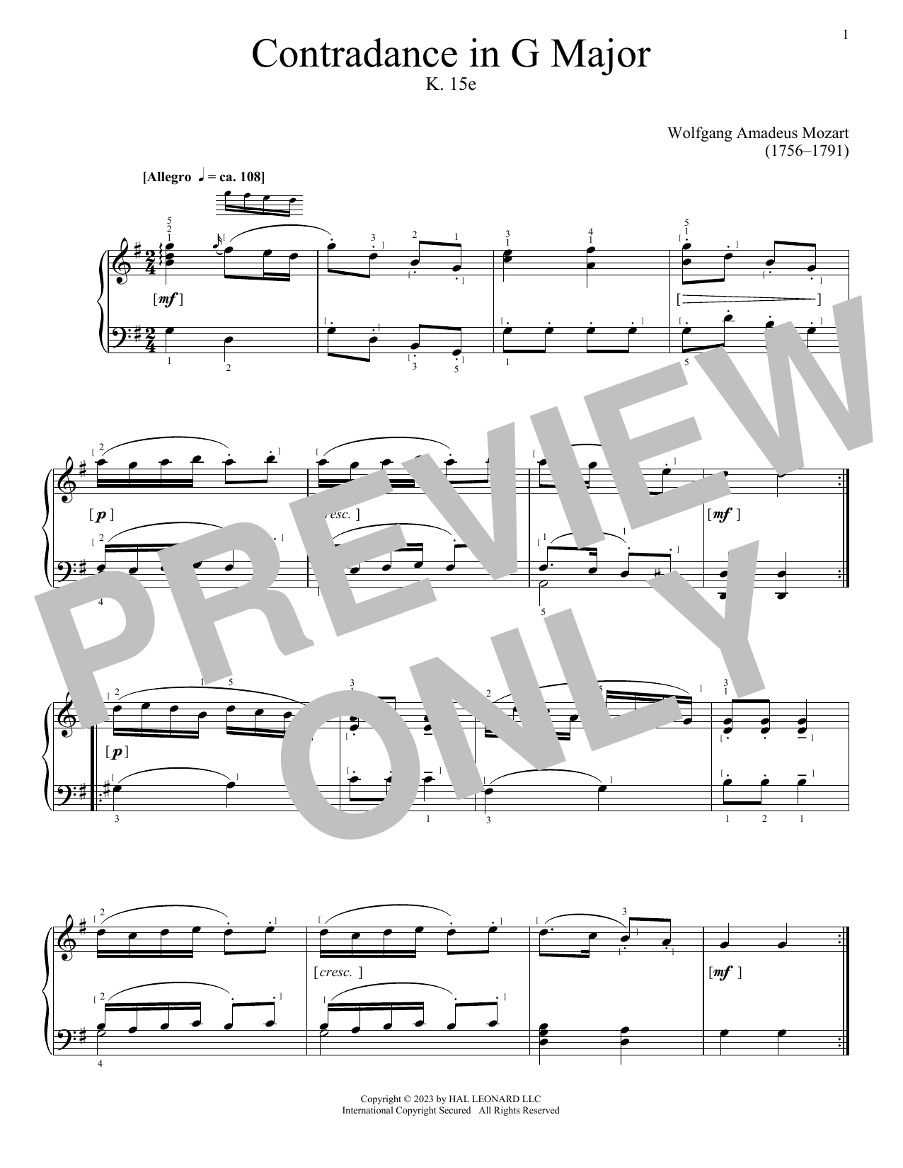 Wolfgang Amadeus Mozart Contradance In G Major, K. 15e sheet music, chords, lyrics - Printable PDF for Piano Solo