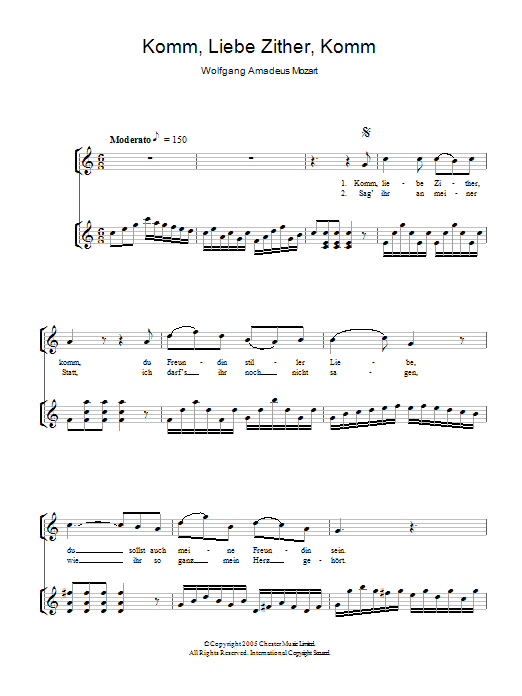 Wolfgang Amadeus Mozart Komm, Liebe Zither, Komm K.351 sheet music, chords, lyrics - Printable PDF for Piano & Vocal