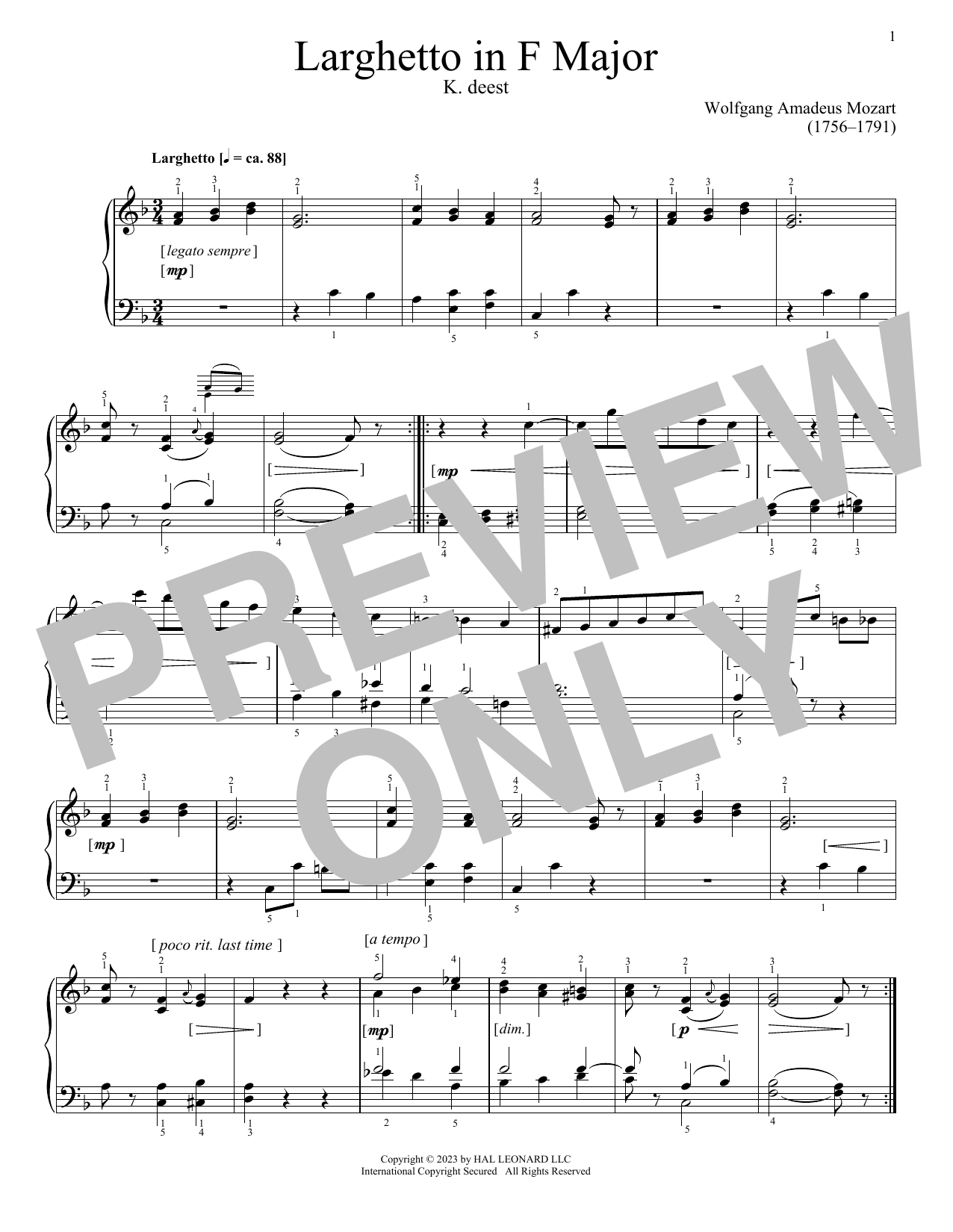 Wolfgang Amadeus Mozart Larghetto in F Major, K. deest sheet music, chords, lyrics - Printable PDF for Piano Solo