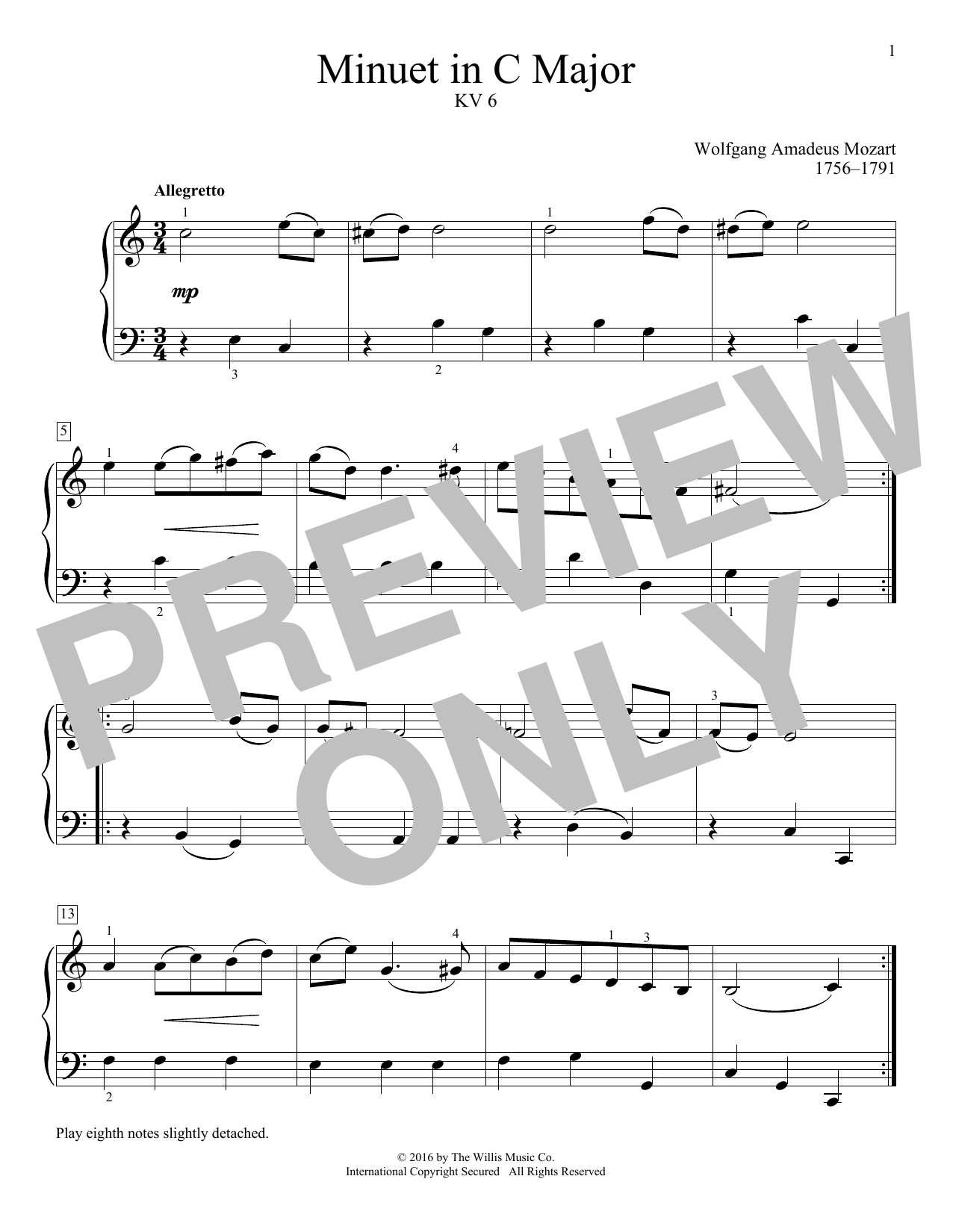 Wolfgang Amadeus Mozart Minuet In C Major, KV 6 sheet music, chords, lyrics - Printable PDF for Educational Piano