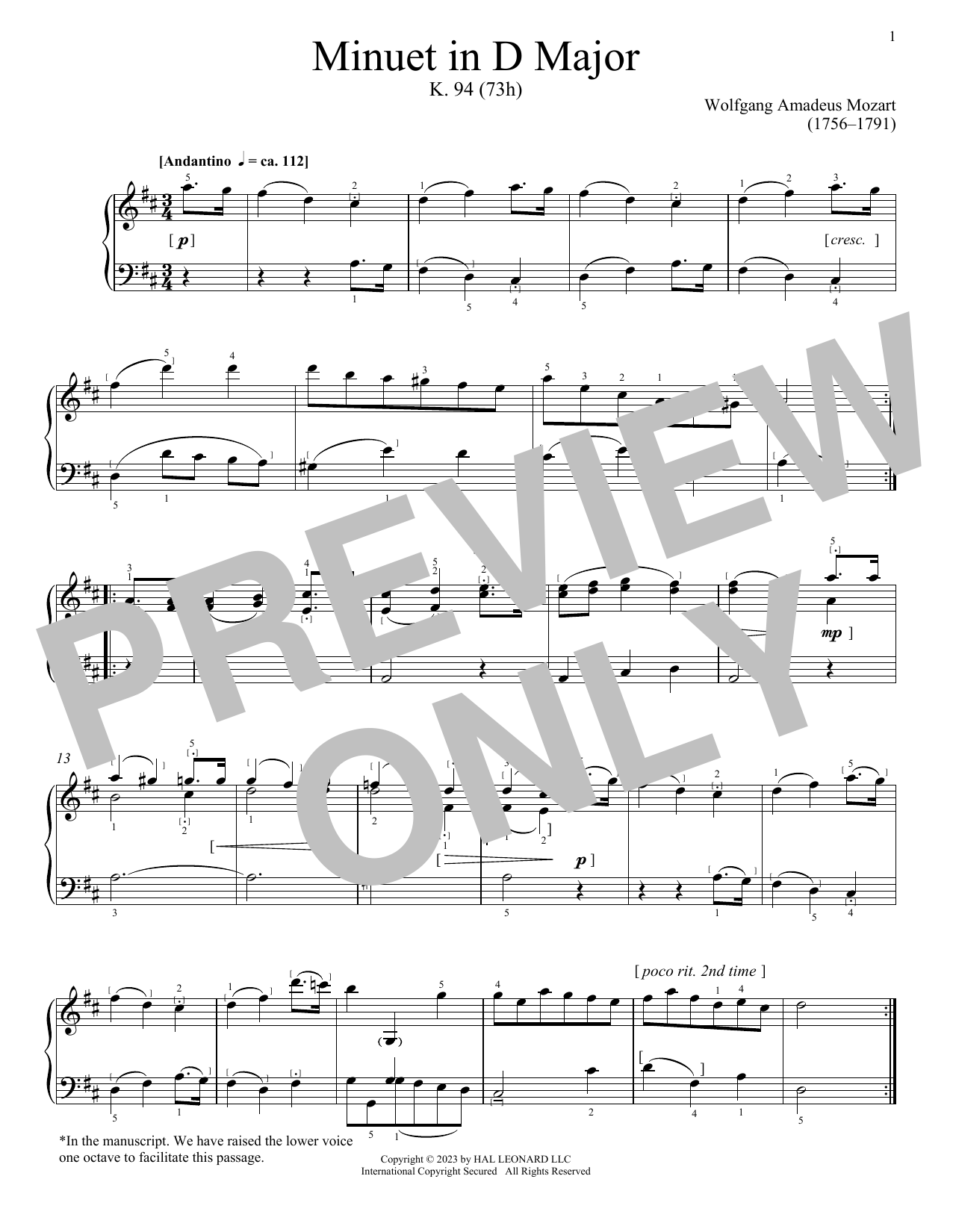 Wolfgang Amadeus Mozart Minuet in D Major, K. 94 (73h) sheet music, chords, lyrics - Printable PDF for Piano Solo
