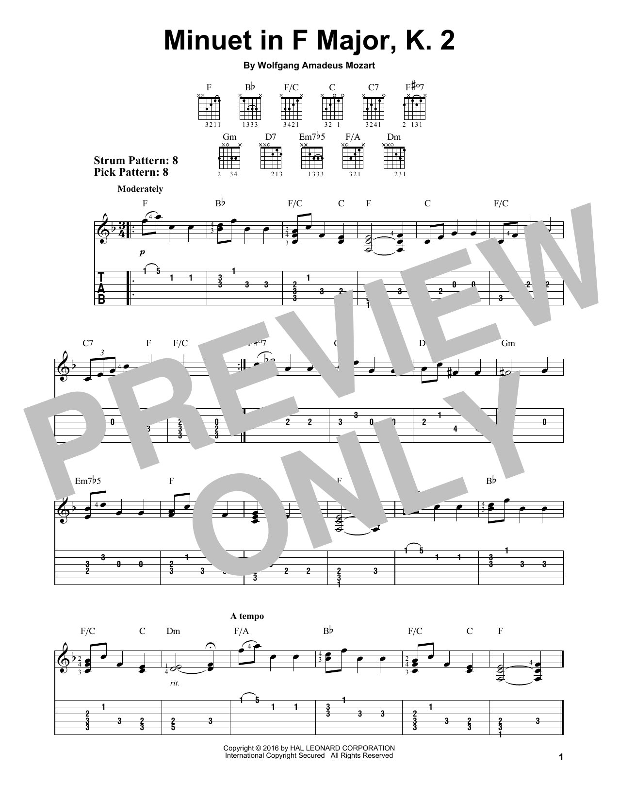 Wolfgang Amadeus Mozart Minuet In F Major, K. 2 sheet music, chords, lyrics - Printable PDF for Easy Guitar Tab