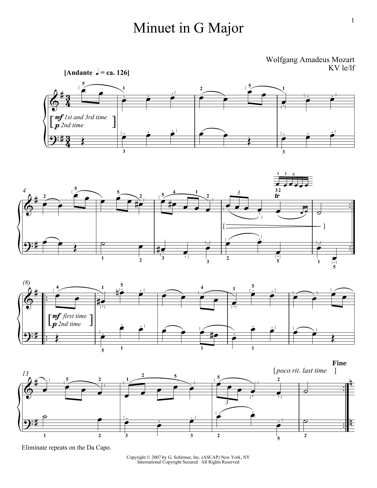 Wolfgang Amadeus Mozart Minuet In G Major, K. 1 sheet music, chords, lyrics - Printable PDF for Piano