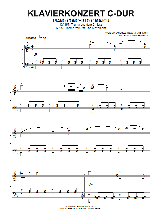 Wolfgang Amadeus Mozart Piano Concerto No.21 in C Major (Elvira Madigan), 2nd Movement Excerpt sheet music, chords, lyrics - Printable PDF for Piano