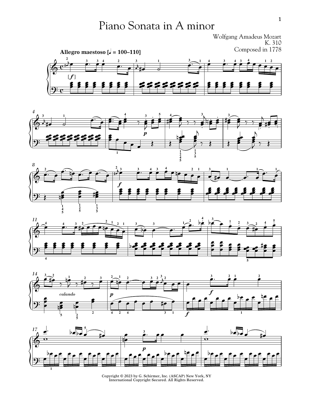 Wolfgang Amadeus Mozart Piano Sonata In A Minor, K. 310 sheet music, chords, lyrics - Printable PDF for Piano Solo