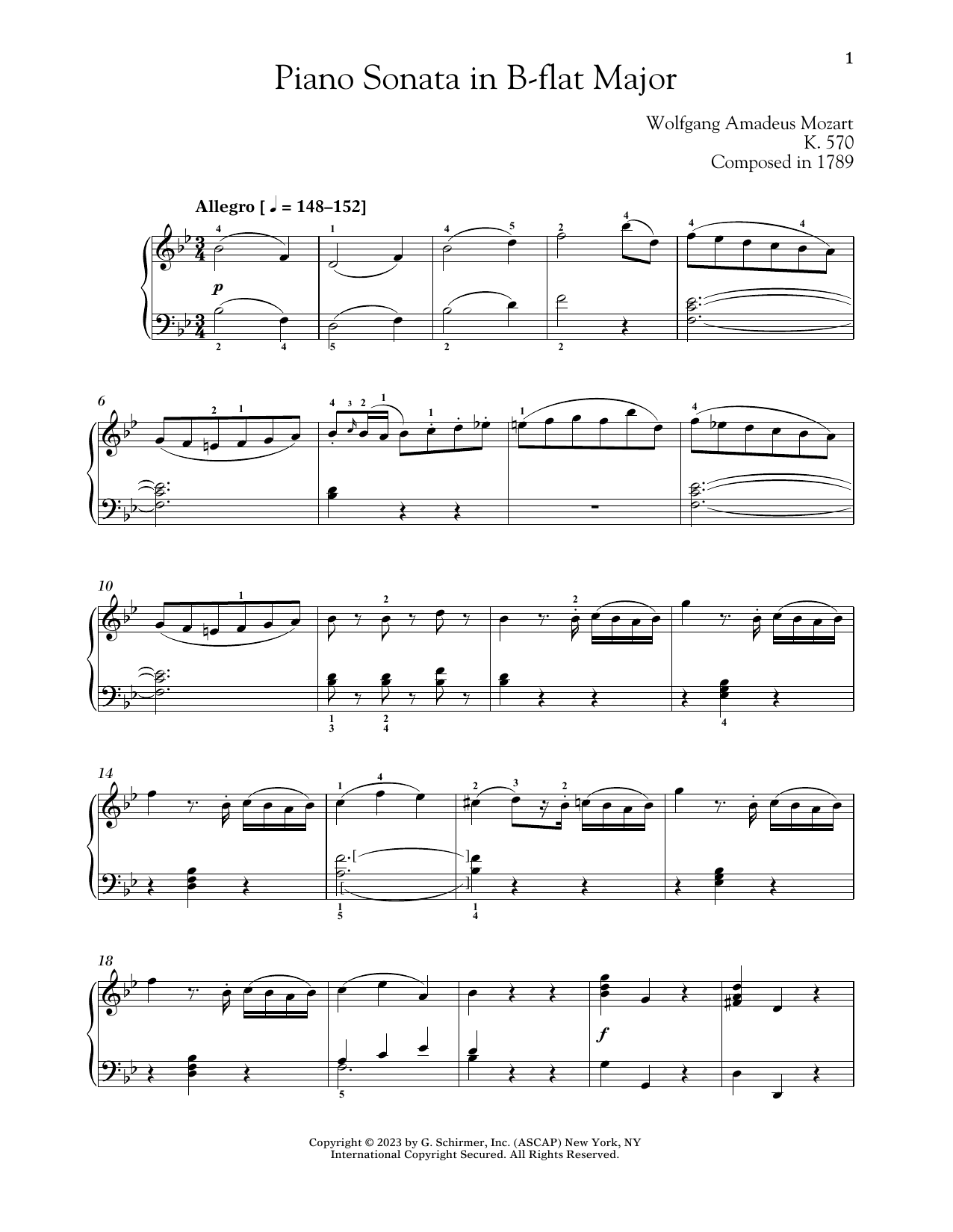 Wolfgang Amadeus Mozart Piano Sonata In B-flat Major, K. 570 sheet music, chords, lyrics - Printable PDF for Piano Solo