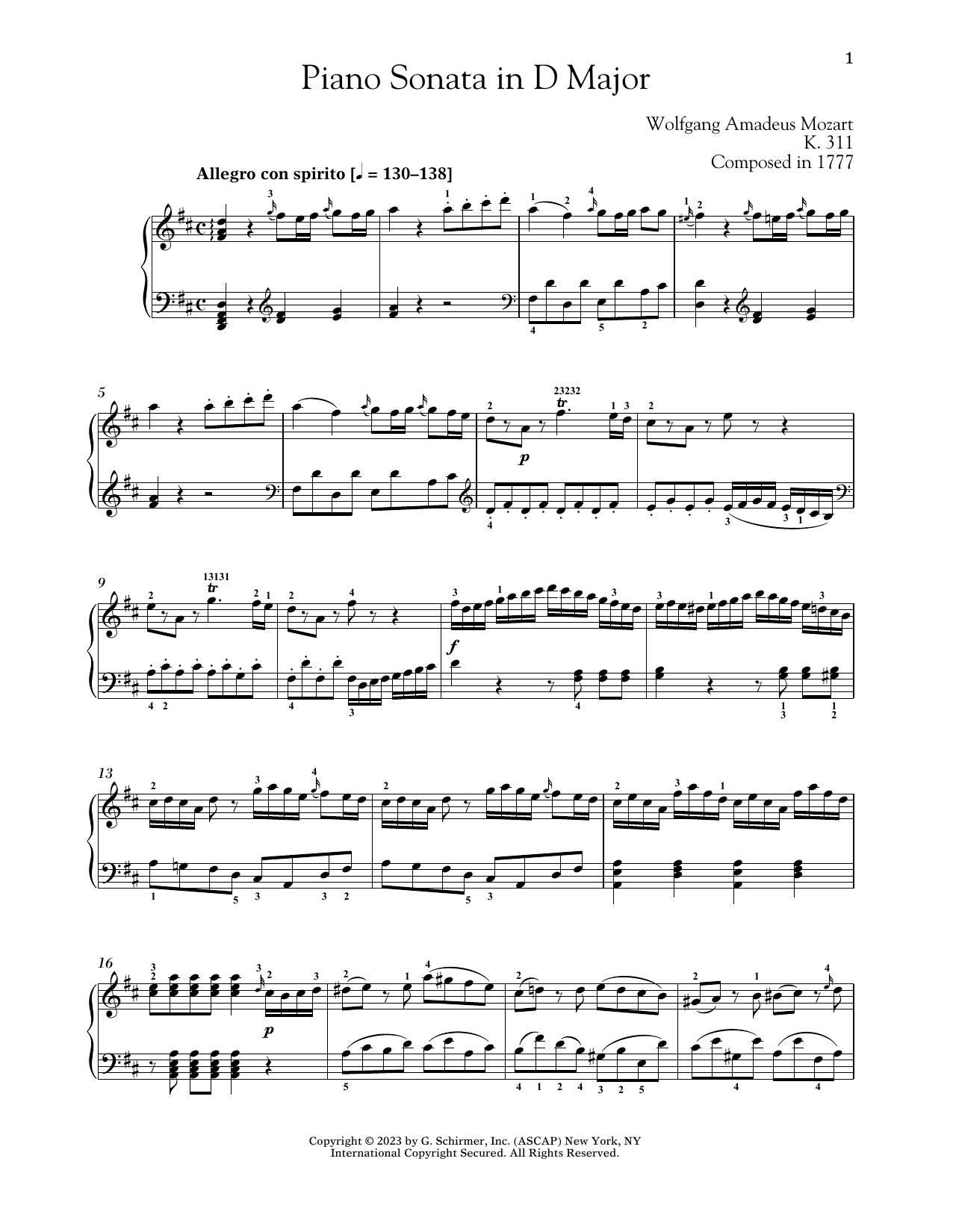 Wolfgang Amadeus Mozart Piano Sonata In D Major, K. 311 sheet music, chords, lyrics - Printable PDF for Piano Solo