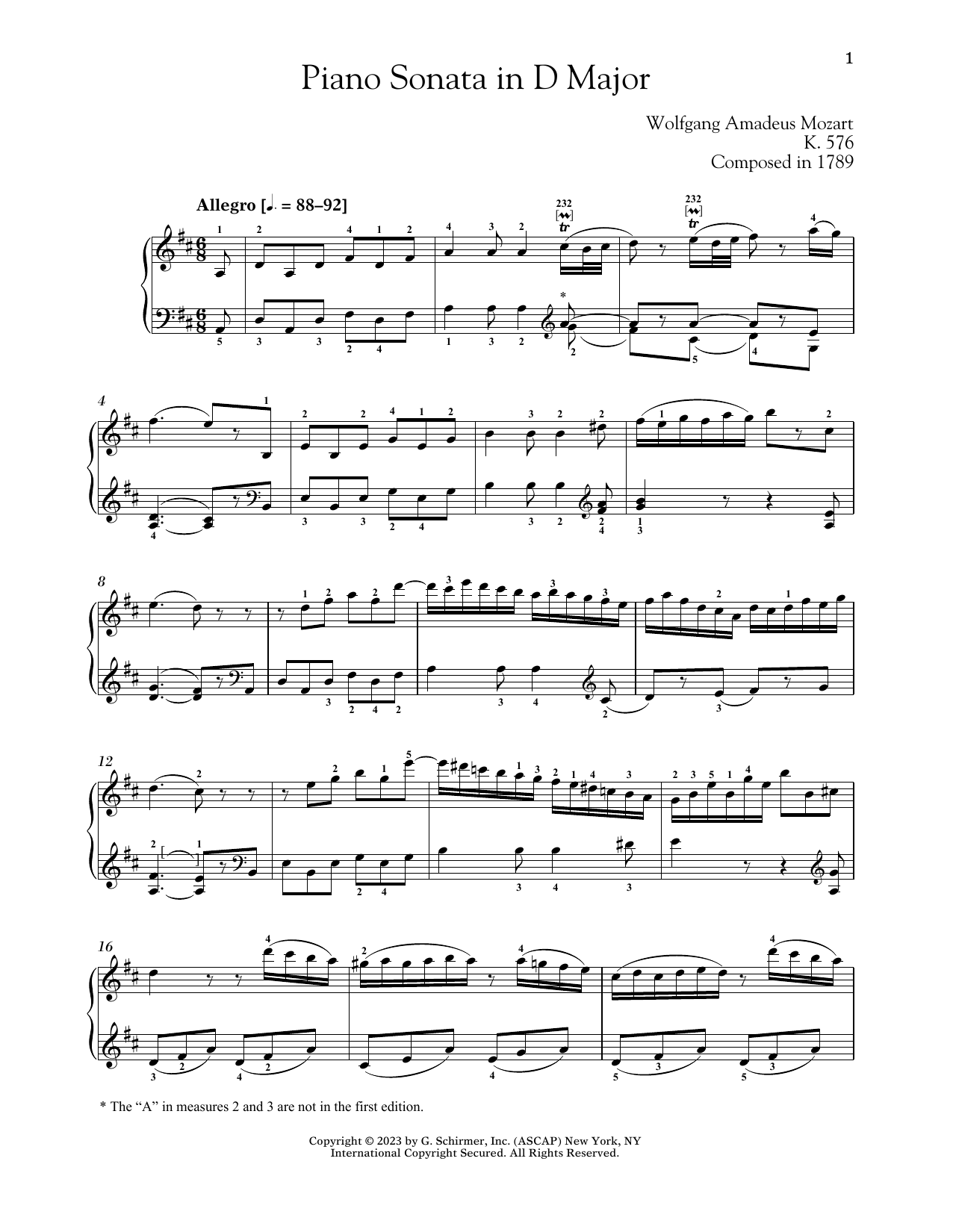 Wolfgang Amadeus Mozart Piano Sonata In D Major, K. 576 sheet music, chords, lyrics - Printable PDF for Piano Solo