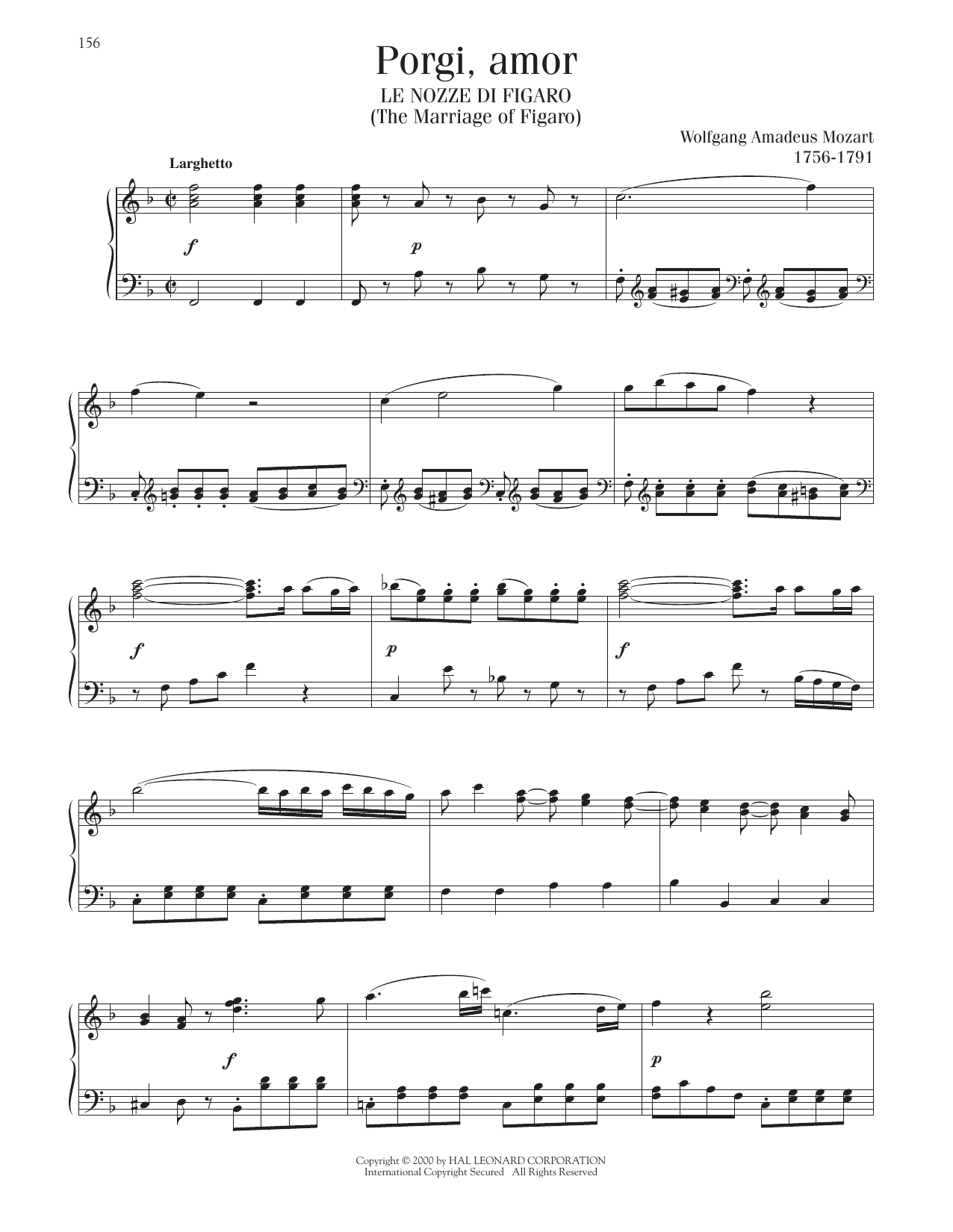 Wolfgang Amadeus Mozart Porgi, Amor sheet music, chords, lyrics - Printable PDF for Piano Solo