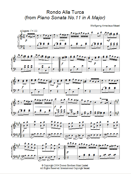 Wolfgang Amadeus Mozart Rondo Alla Turca, from the Piano Sonata A Major, K331 sheet music, chords, lyrics - Printable PDF for Piano