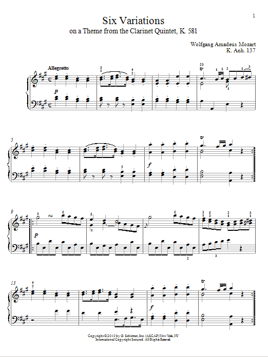 Wolfgang Amadeus Mozart Six Variations on A Theme From The Clarinet Quintet, K. 581, K. Anh. 137 sheet music, chords, lyrics - Printable PDF for Piano