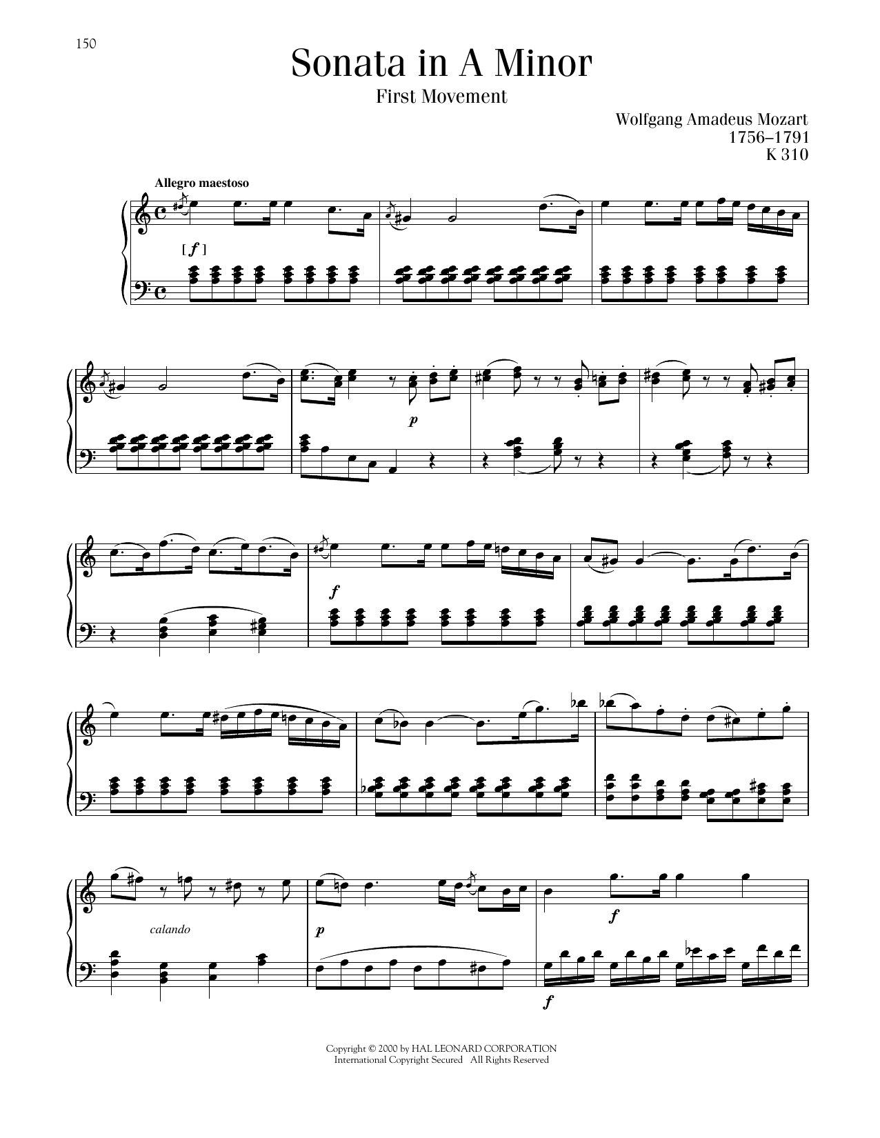 Wolfgang Amadeus Mozart Sonata No. 8 In A Minor, K. 310 sheet music, chords, lyrics - Printable PDF for Piano Solo