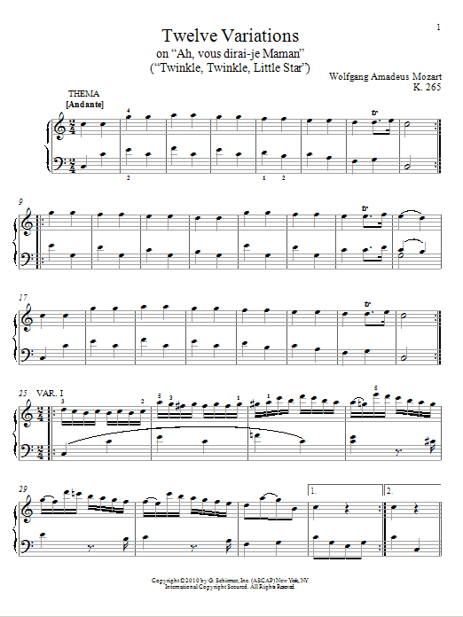 Wolfgang Amadeus Mozart Twelve Variations on Ah, Vous Dirai-je Maman, K. 265 (Twinkle, Twinkle, Little Star) sheet music, chords, lyrics - Printable PDF for Piano