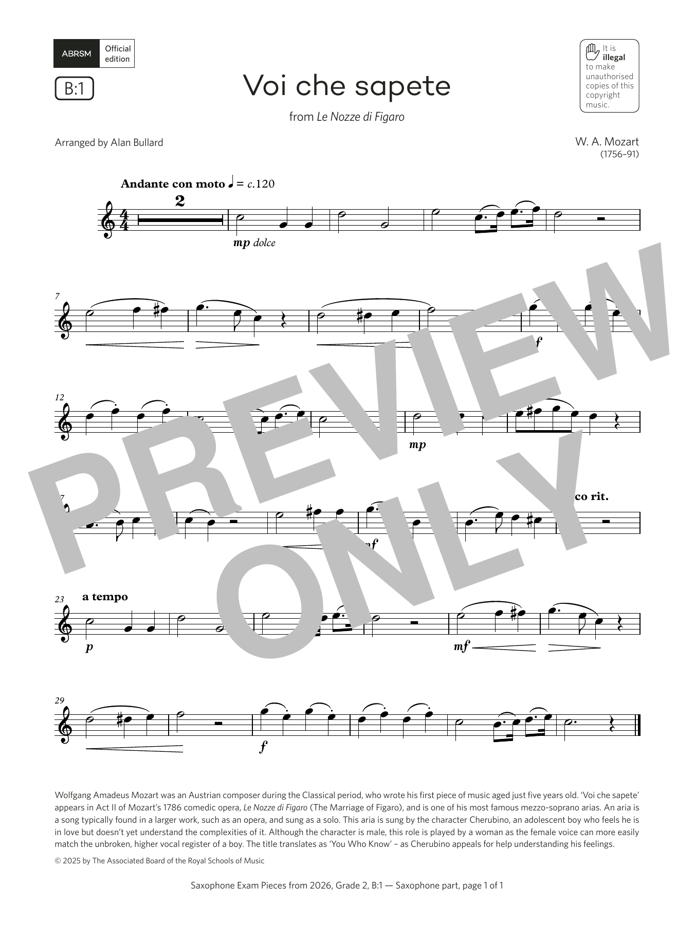 Wolfgang Amadeus Mozart Voi che sapete (Grade 2, list B1, from the ABRSM Saxophone Syllabus from 2026) sheet music, chords, lyrics - Printable PDF for Alto Sax Solo
