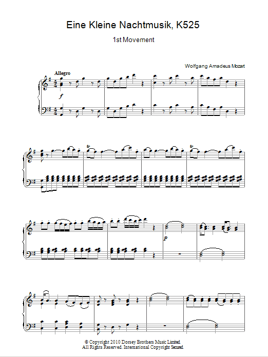 Learn to play Wolfgang Amadeus Mozart Allegro from Eine Kleine Nachtmusik K525 sheet music for Beginner Piano in minutes. Wolfgang Amadeus Mozart Allegro from Eine Kleine Nachtmusik K525 sheet music preview music notes and score for Beginner Piano including 2 page(s)