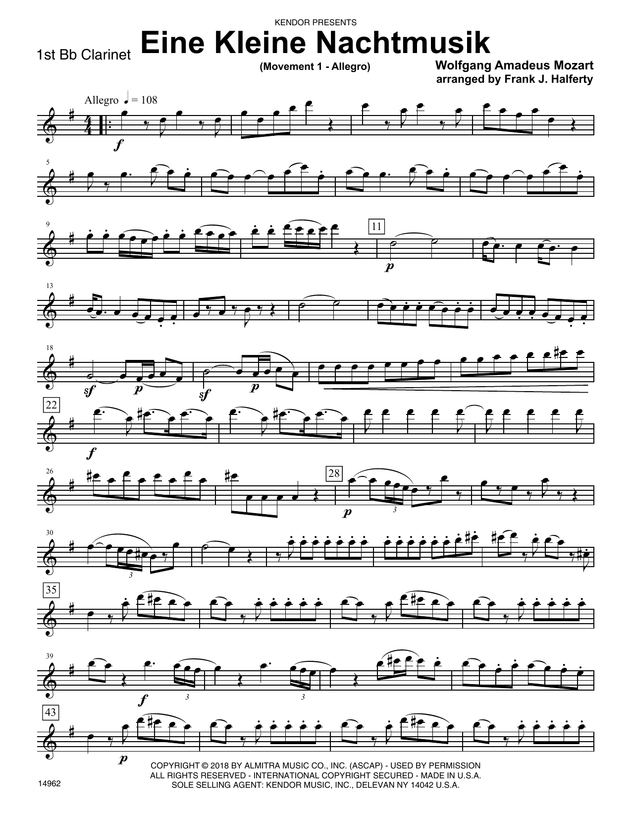 Learn to play Wolfgang Amadeus Mozart Eine Kleine Nachtmusik (Movement 1 - Allegro) (arr. Frank J. Halferty) - 1st Bb Clarinet sheet music for Woodwind Ensemble in minutes. Wolfgang Amadeus Mozart Eine Kleine Nachtmusik (Movement 1 - Allegro) (arr. Frank J. Halferty) - 1st Bb Clarinet sheet music preview music notes and score for Woodwind Ensemble including 3 page(s)