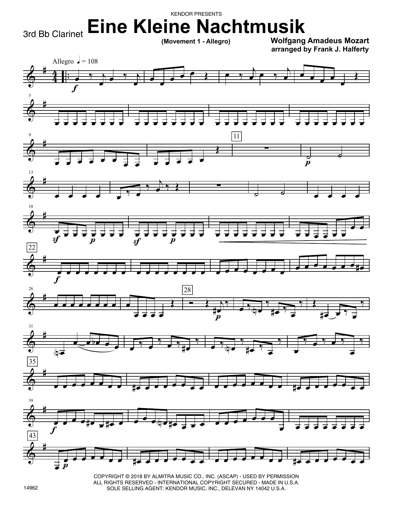 Learn to play Wolfgang Amadeus Mozart Eine Kleine Nachtmusik (Movement 1 - Allegro) (arr. Frank J. Halferty) - 3rd Bb Clarinet sheet music for Woodwind Ensemble in minutes. Wolfgang Amadeus Mozart Eine Kleine Nachtmusik (Movement 1 - Allegro) (arr. Frank J. Halferty) - 3rd Bb Clarinet sheet music preview music notes and score for Woodwind Ensemble including 3 page(s)