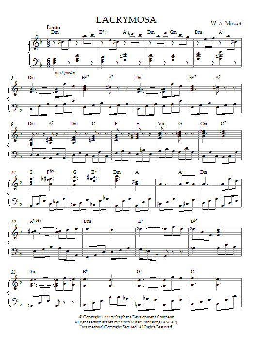 Learn to play Wolfgang Amadeus Mozart Lacrymosa from Requiem Mass, K626 sheet music for Piano in minutes. Wolfgang Amadeus Mozart Lacrymosa from Requiem Mass, K626 sheet music preview music notes and score for Piano including 2 page(s)
