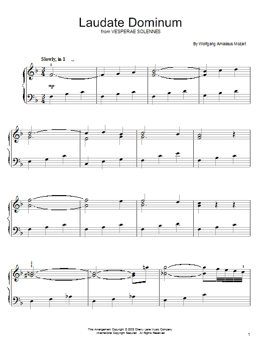 Learn to play Wolfgang Amadeus Mozart Laudate Dominum sheet music for Easy Piano in minutes. Wolfgang Amadeus Mozart Laudate Dominum sheet music preview music notes and score for Easy Piano including 5 page(s)