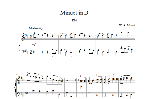 Learn to play Wolfgang Amadeus Mozart Minuet in D K94 sheet music for Piano in minutes. Wolfgang Amadeus Mozart Minuet in D K94 sheet music preview music notes and score for Piano including 2 page(s)