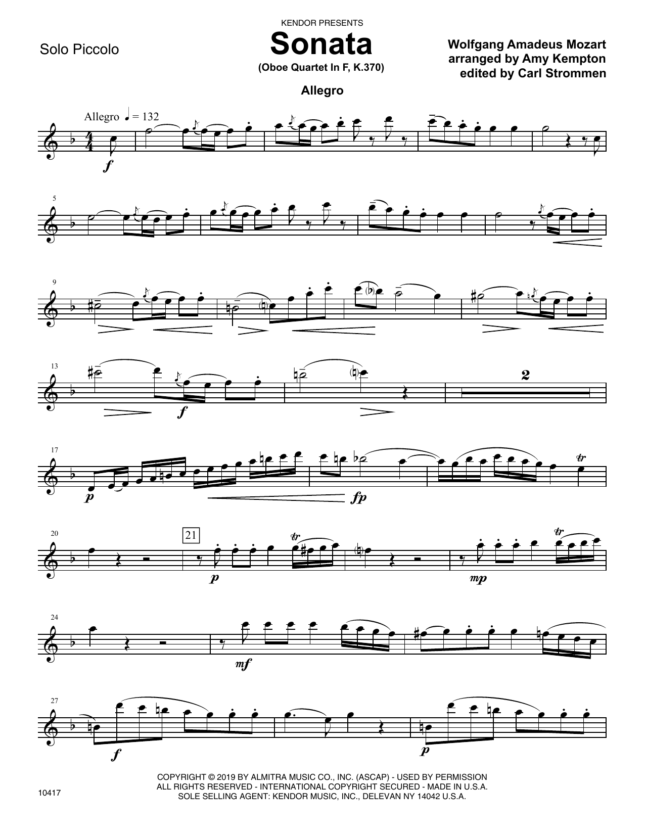 Wolfgang Amadeus Mozart Sonata (Oboe Quartet In F, K. 370) (arr. Amy Kempton) - Piccolo sheet music preview music notes and score for Woodwind Solo including 9 page(s)