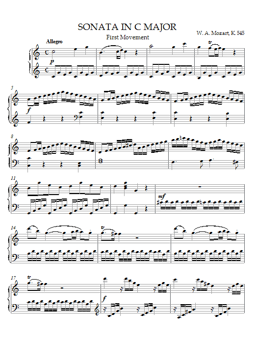 Learn to play Wolfgang Amadeus Mozart Sonata in C Major, K. 545, 1st Movement sheet music for Piano in minutes. Wolfgang Amadeus Mozart Sonata in C Major, K. 545, 1st Movement sheet music preview music notes and score for Piano including 4 page(s)