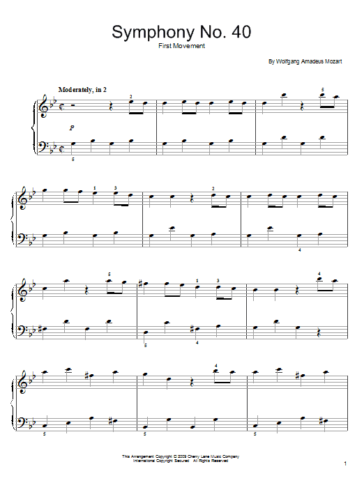 Wolfgang Amadeus Mozart Symphony No. 40 in G Minor, First Movement Excerpt sheet music preview music notes and score for Easy Piano including 3 page(s)
